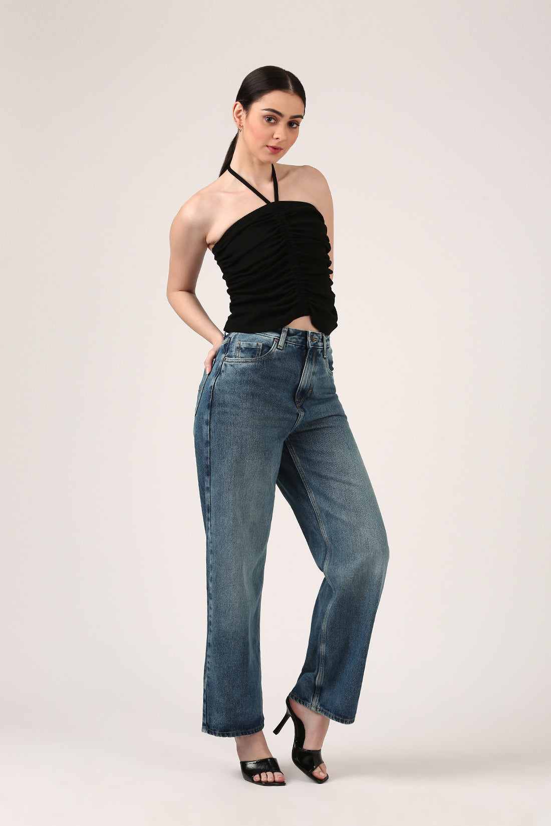 Black Ruched Halter Neck Top For Women – Strap Detail Fitted Party Crop