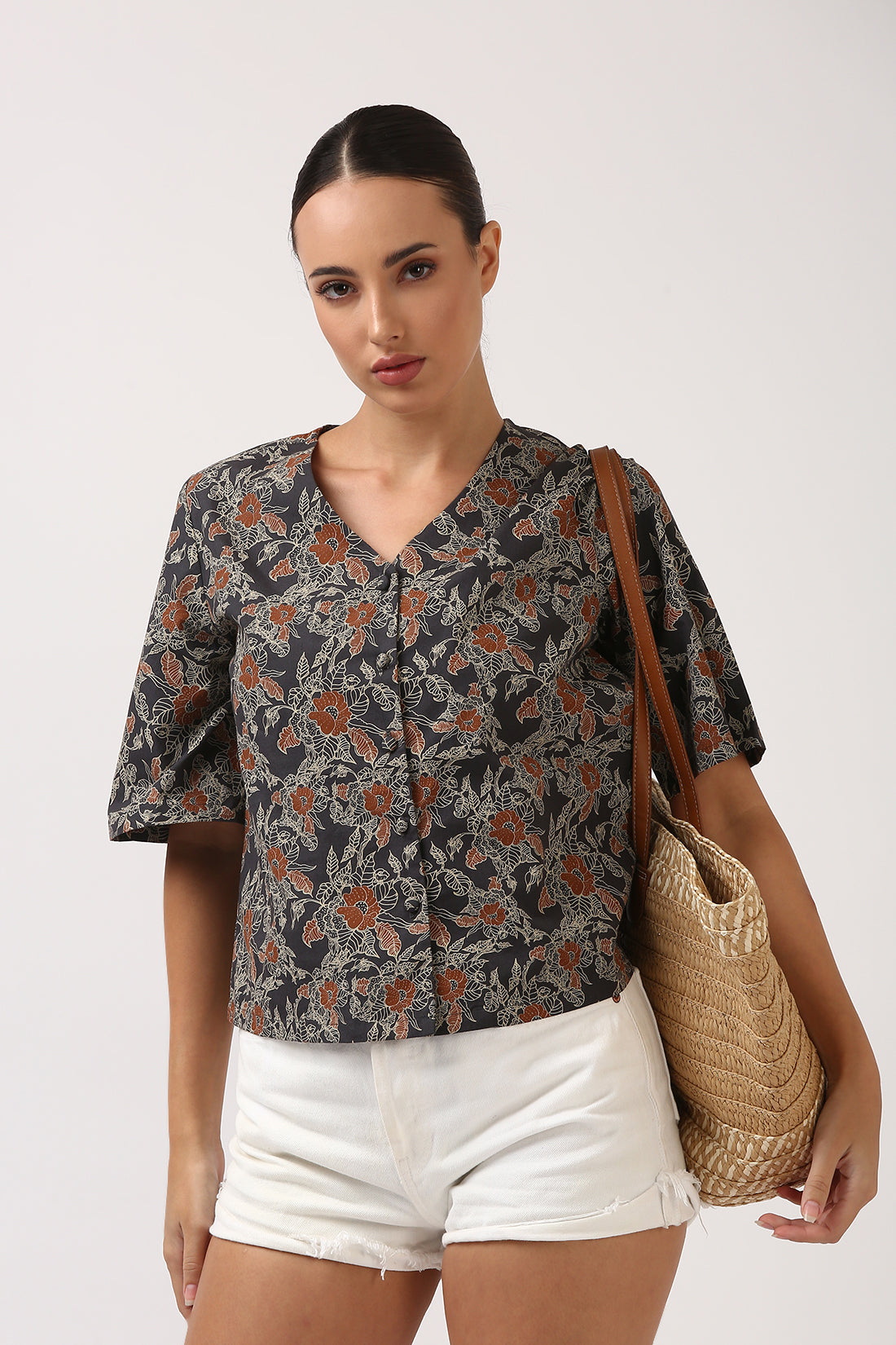 Charcoal Printed Flare Sleeve Top