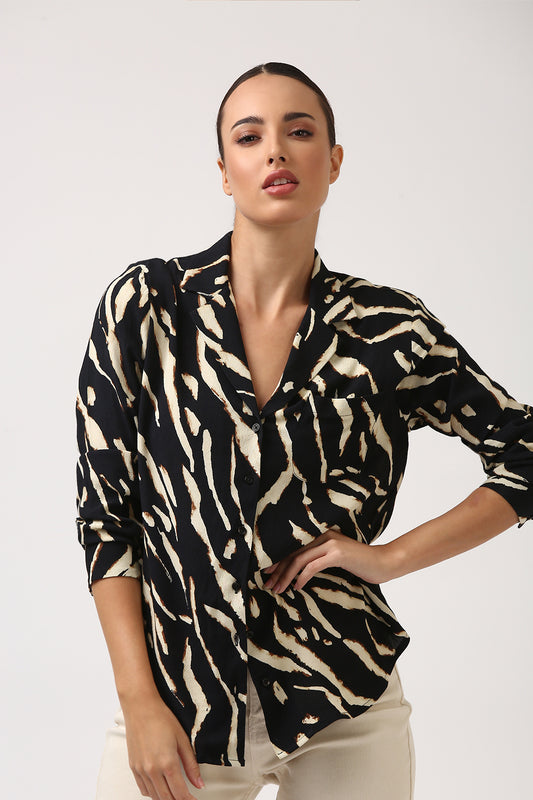 Black Printed Lapel Collar Shirt