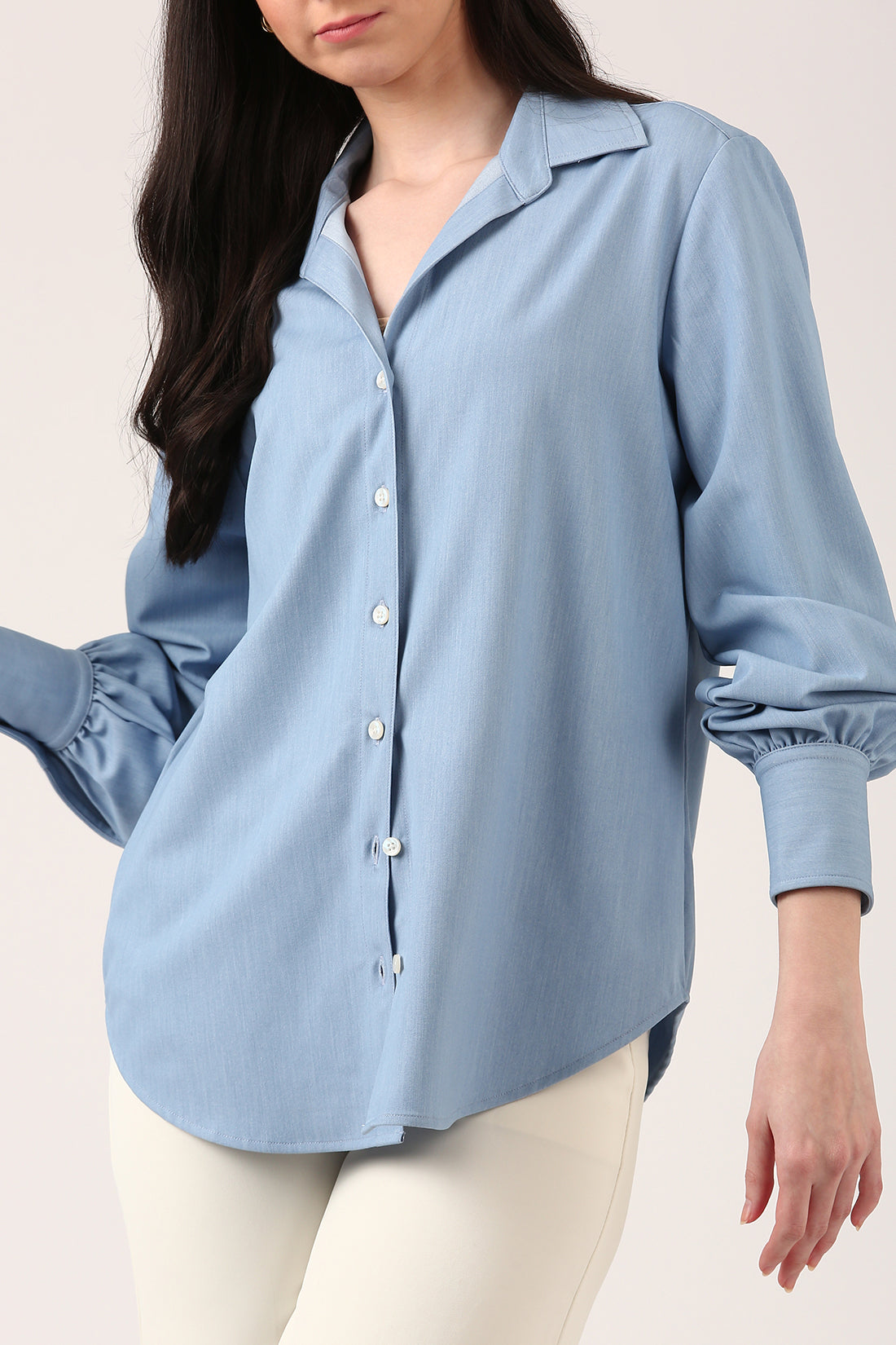 Powder Blue Relaxed-Fit Shirt For Women With Bishop Sleeves