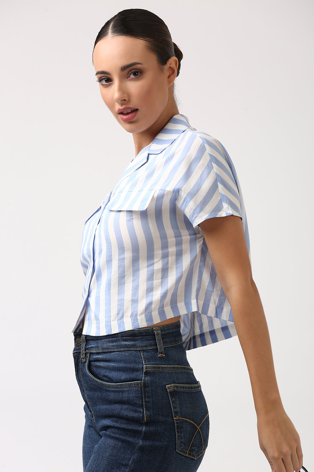 Blue Breeze Crop Shirt – Women’s Lightweight Striped Modal Shirt
