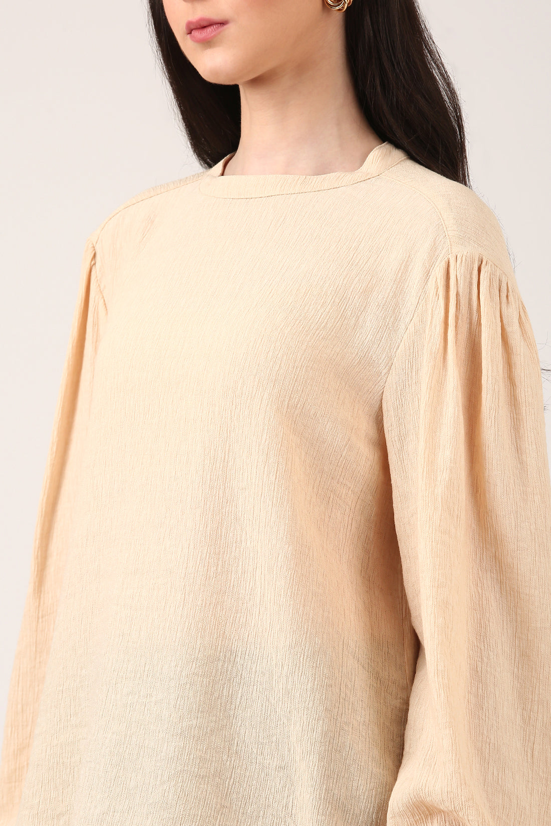 Beige Puff Sleeve Textured Flowy Top