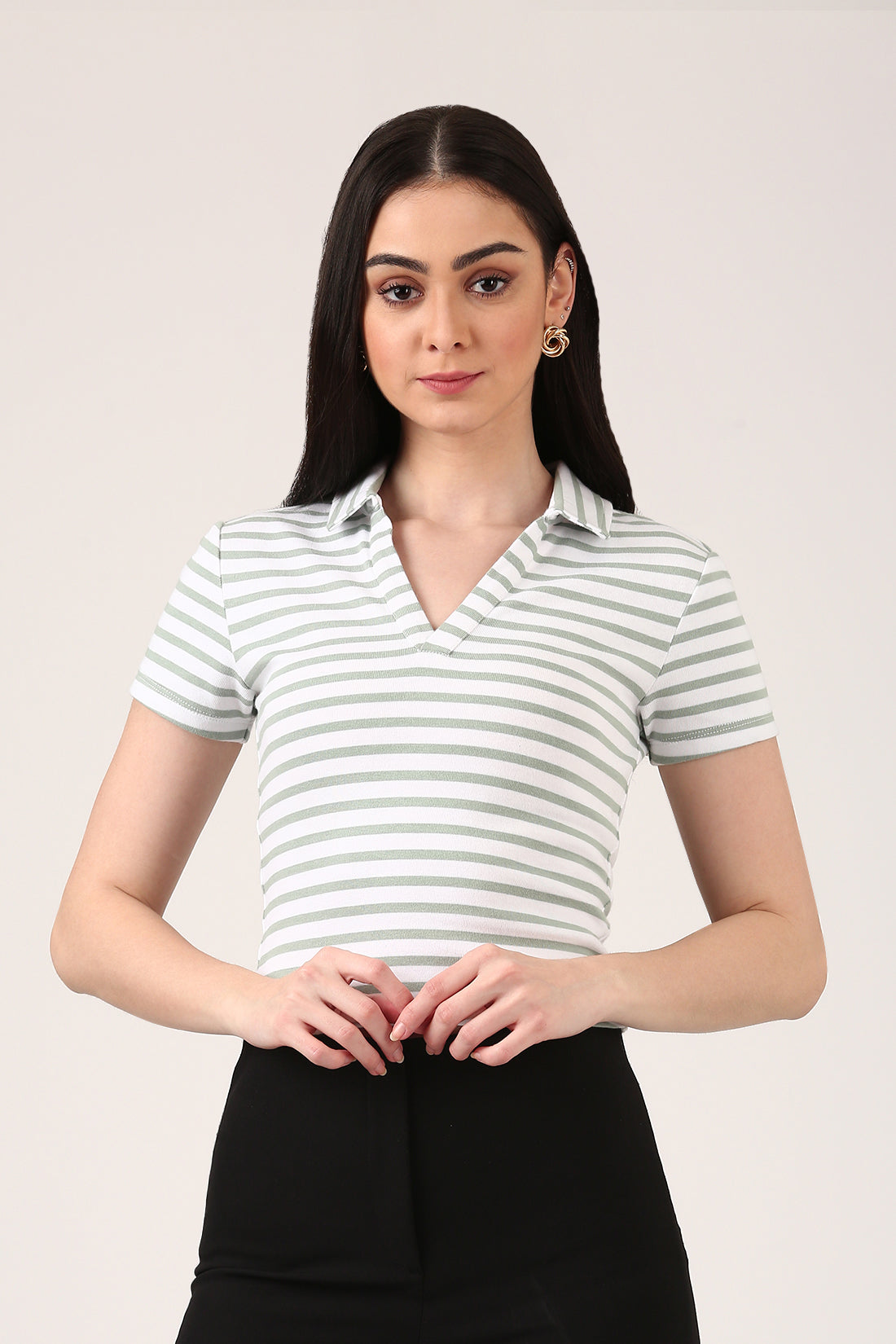 Ribbed Striped Polo Top – Short Sleeve Fitted Top