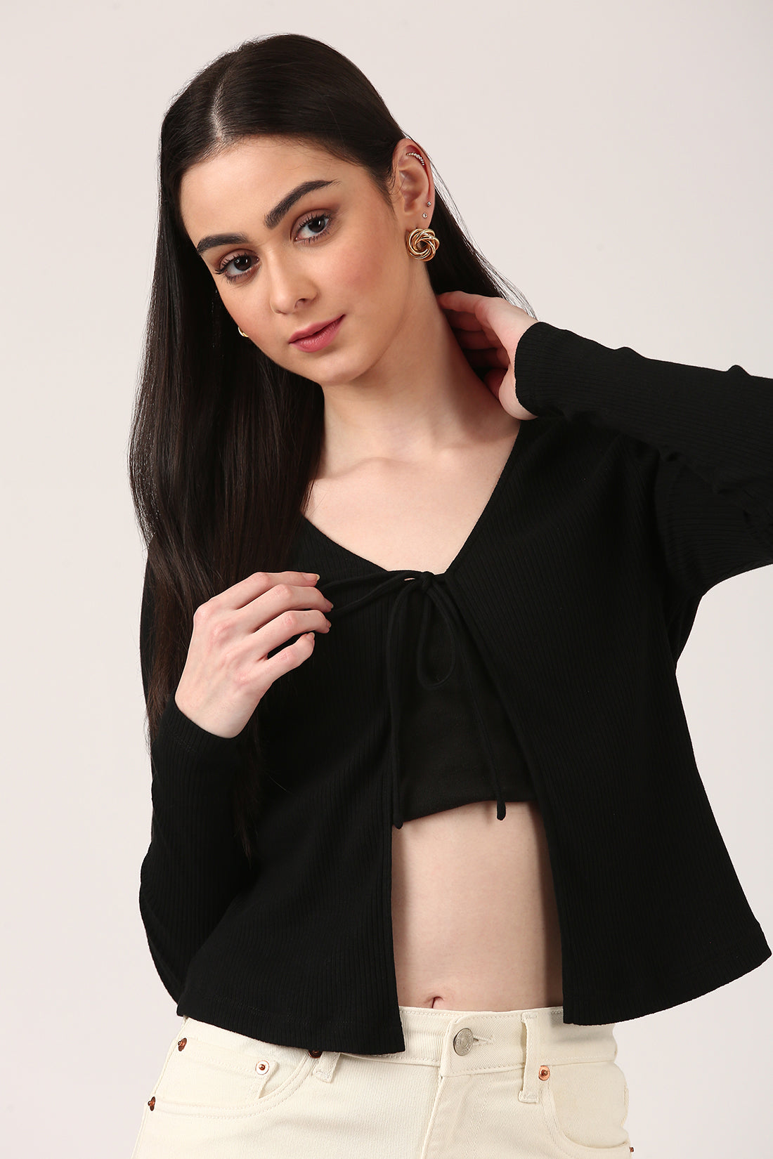 Black Front Open Tie-Up Top