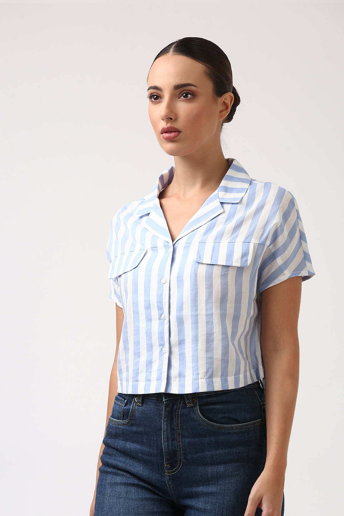 Blue Breeze Crop Shirt – Women’s Lightweight Striped Modal Shirt
