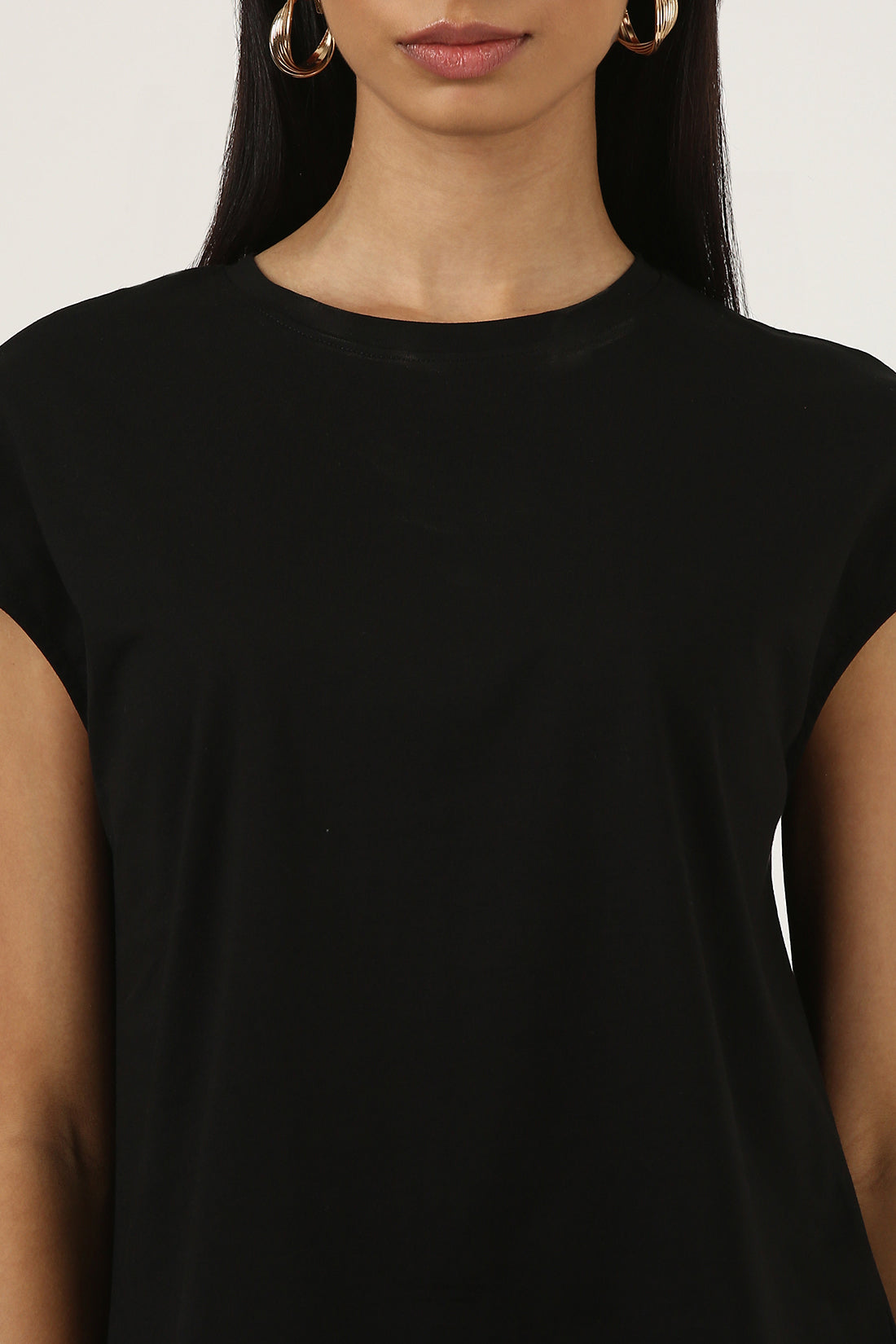 Black Solid Wide Armhole Tee