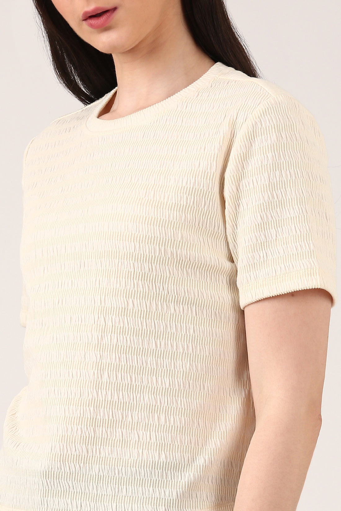 Cream Smocked Textured Top For Women