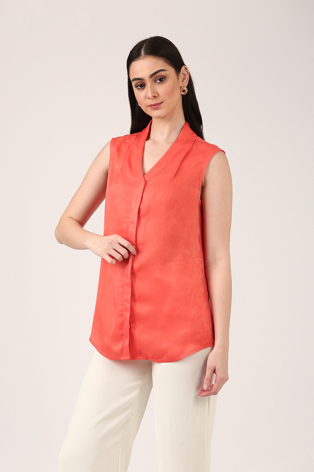 Coral Pink Sleeveless Silk Top for Women – V-Neck Formal Workwear Blouse