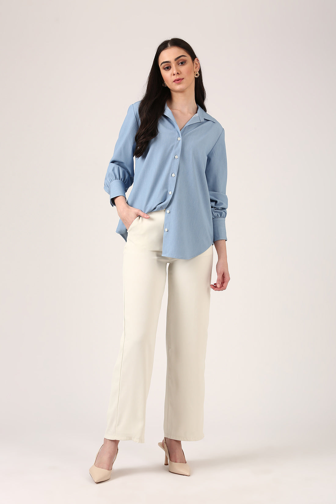 Powder Blue Relaxed-Fit Shirt For Women With Bishop Sleeves