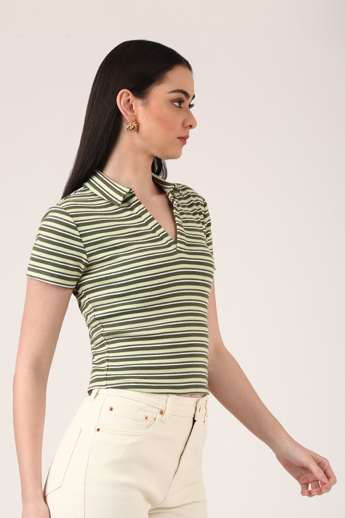 Olive Ribbed Striped Polo Top – Short Sleeve Fitted Top