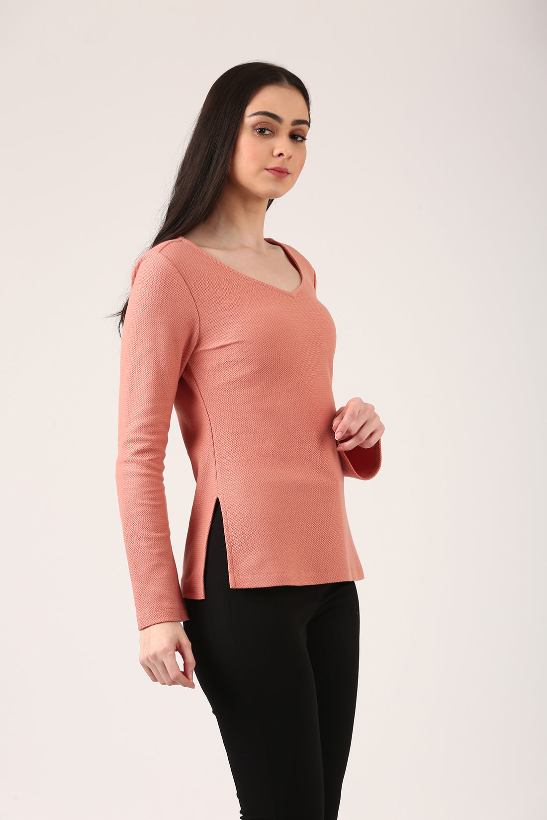 Blush Textured V-Neck Knit Top for Women