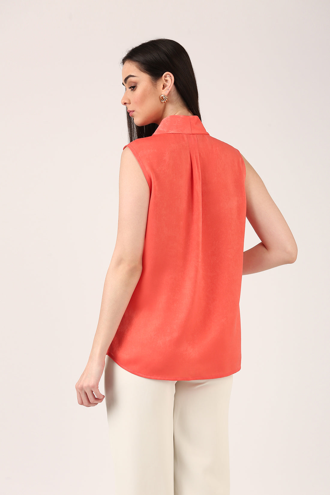 Coral Pink Sleeveless Silk Top for Women – V-Neck Formal Workwear Blouse