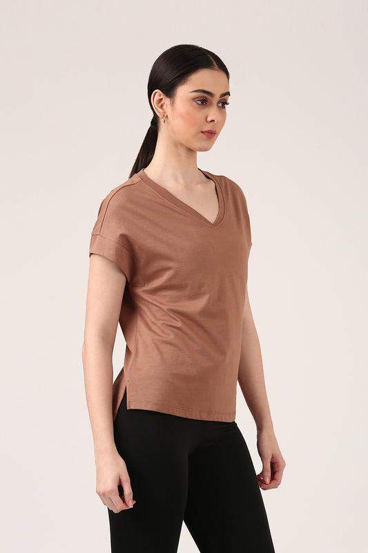 Brown V-neck short sleeve cotton T-shirt, 100% breathable cotton, casual everyday wear for women, summer wardrobe essential.
