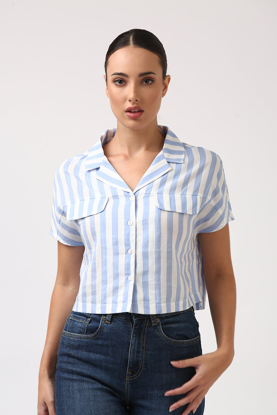 Blue Breeze Crop Shirt – Women’s Lightweight Striped Modal Shirt