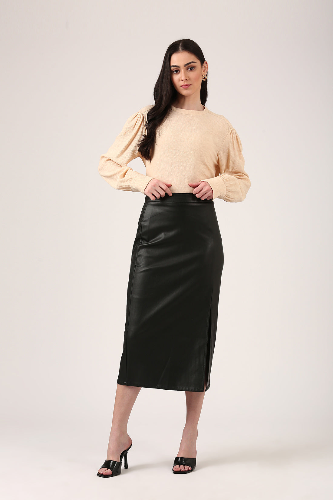 Beige Puff Sleeve Textured Flowy Top