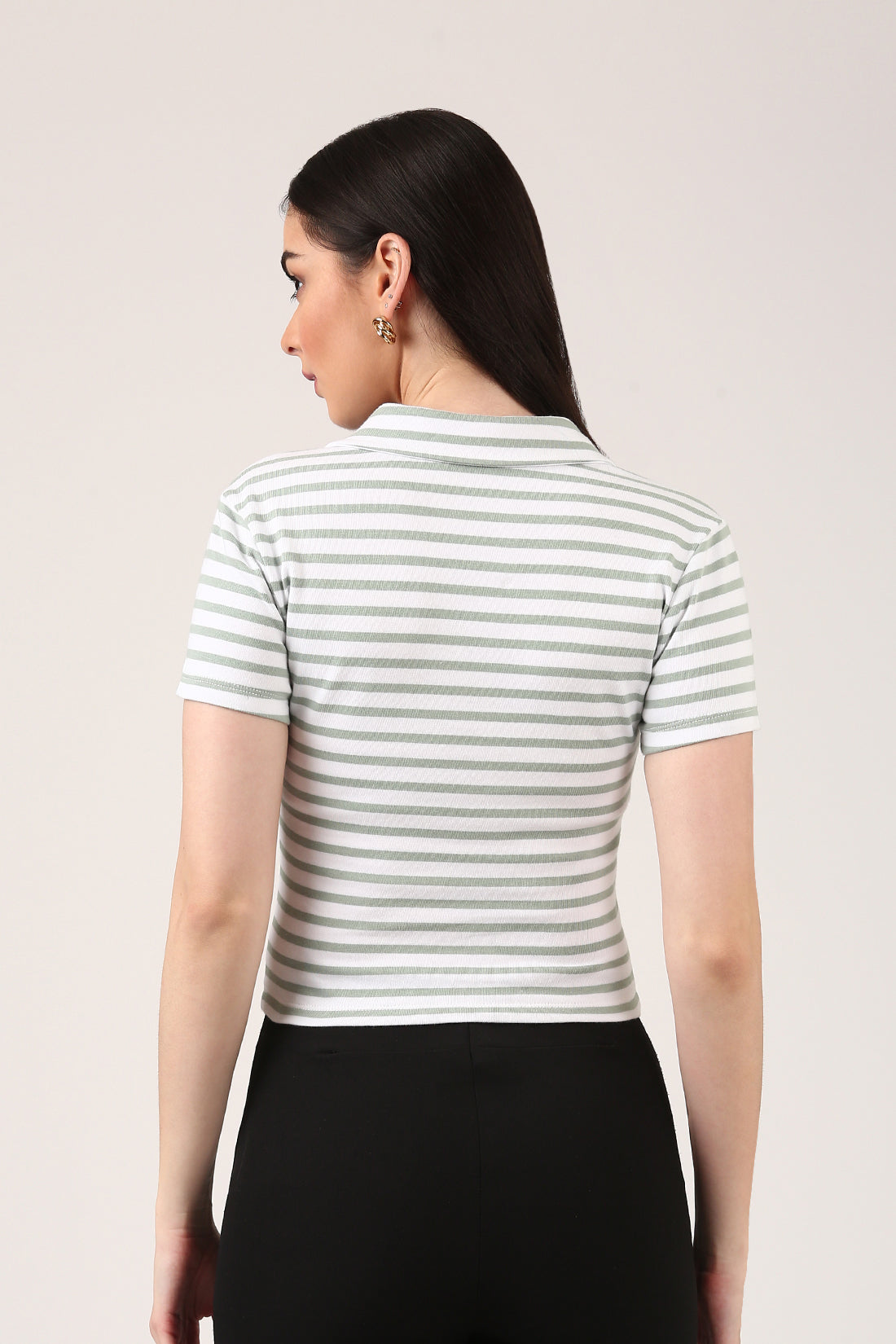 Ribbed Striped Polo Top – Short Sleeve Fitted Top