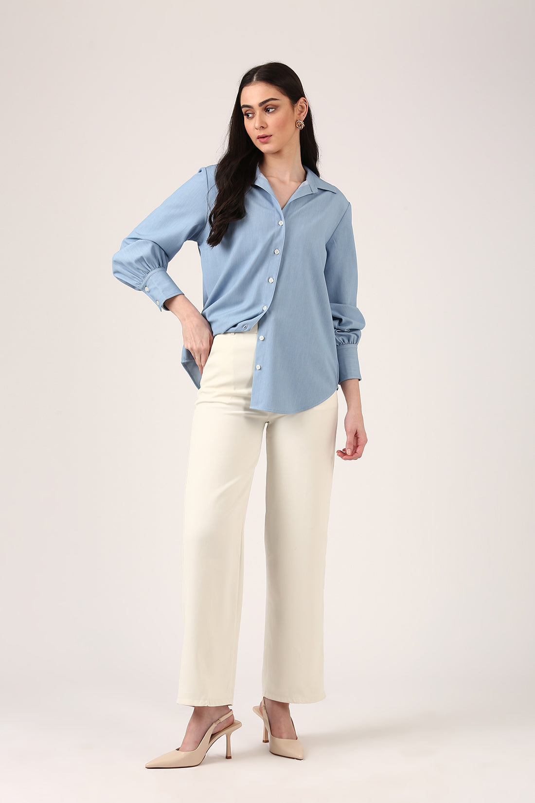 Powder Blue Relaxed-Fit Shirt For Women With Bishop Sleeves