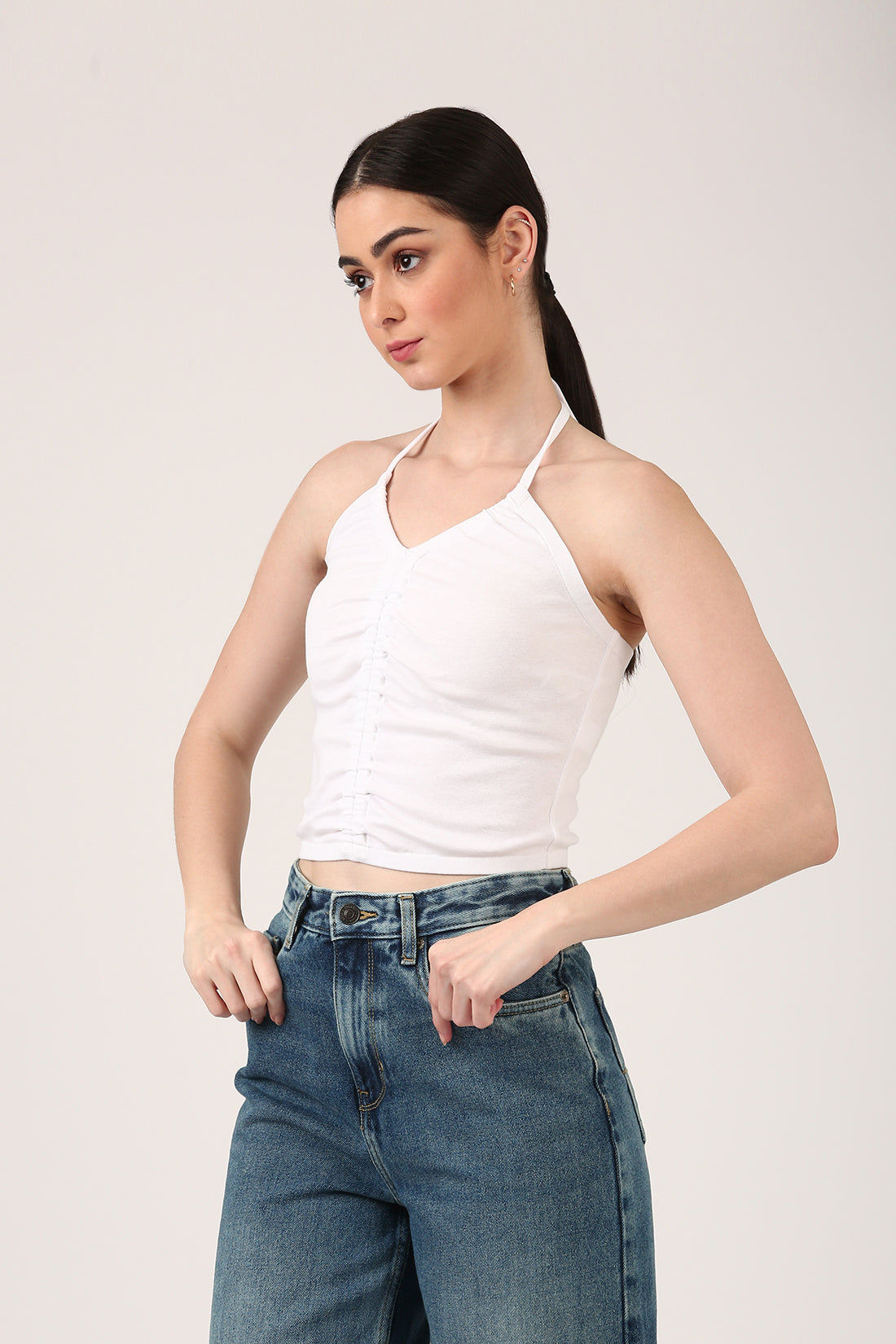 White Ruched Halter Neck Top