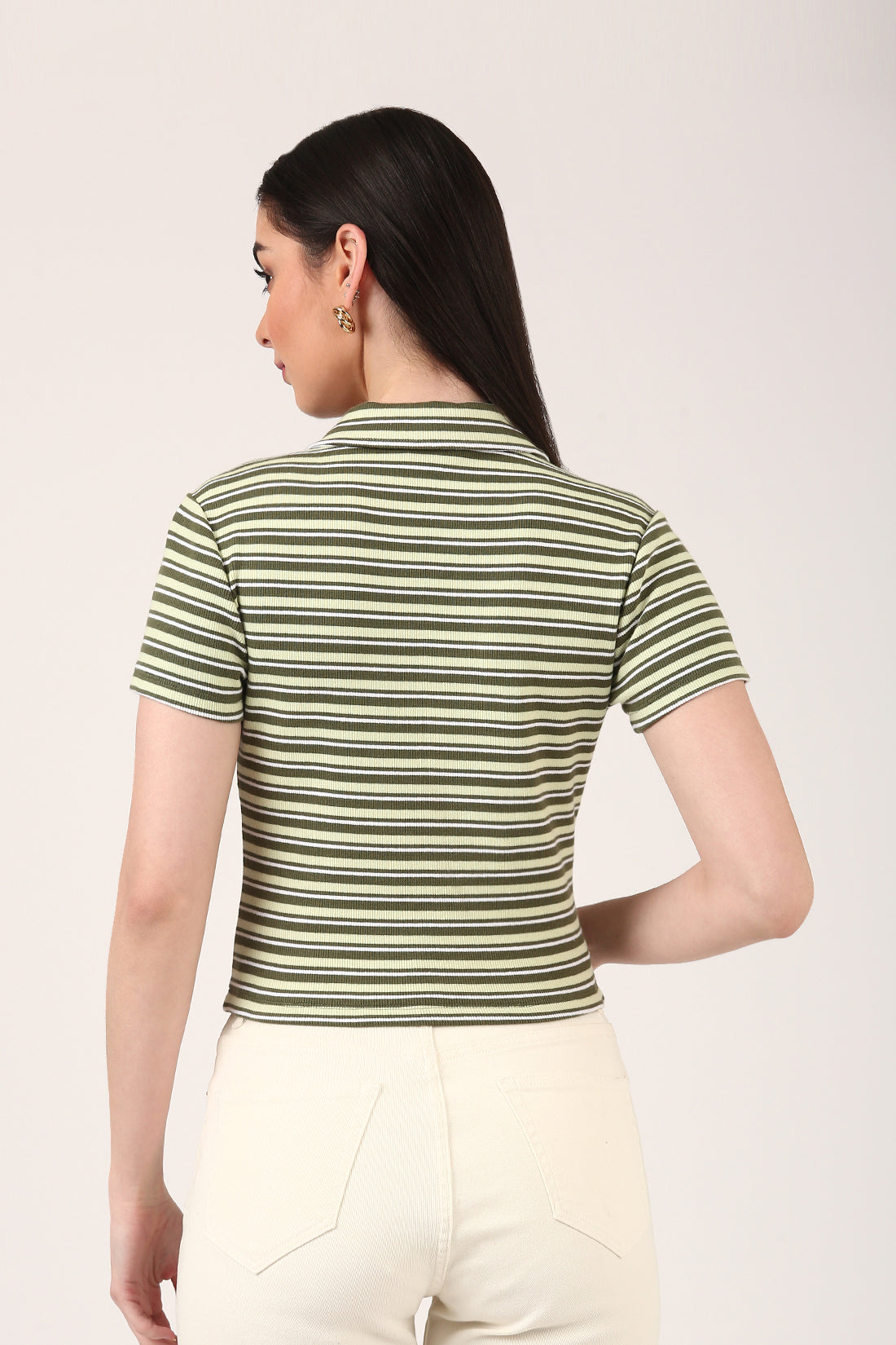 Olive Ribbed Striped Polo Top – Short Sleeve Fitted Top