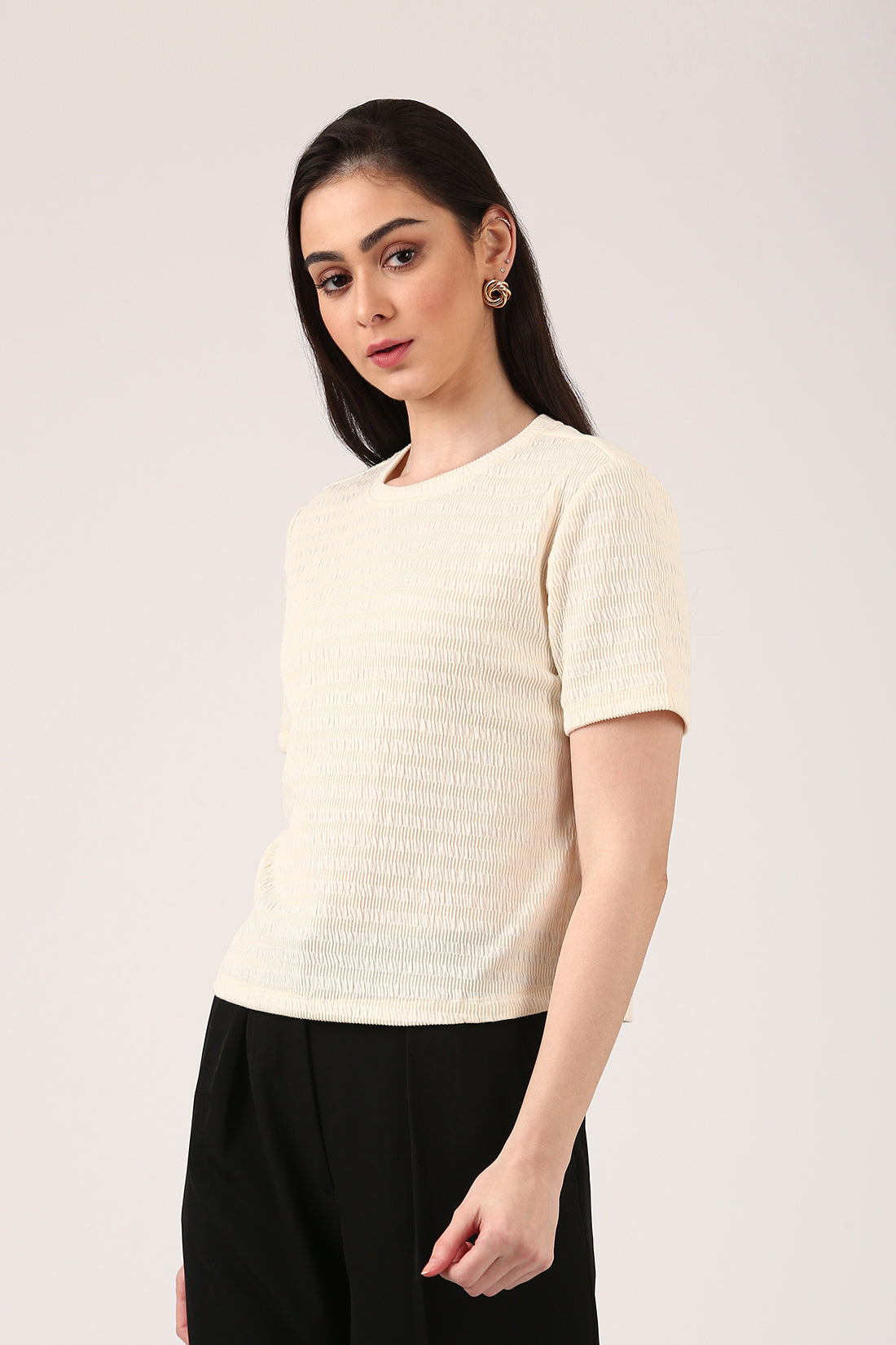Cream Smocked Textured Top For Women
