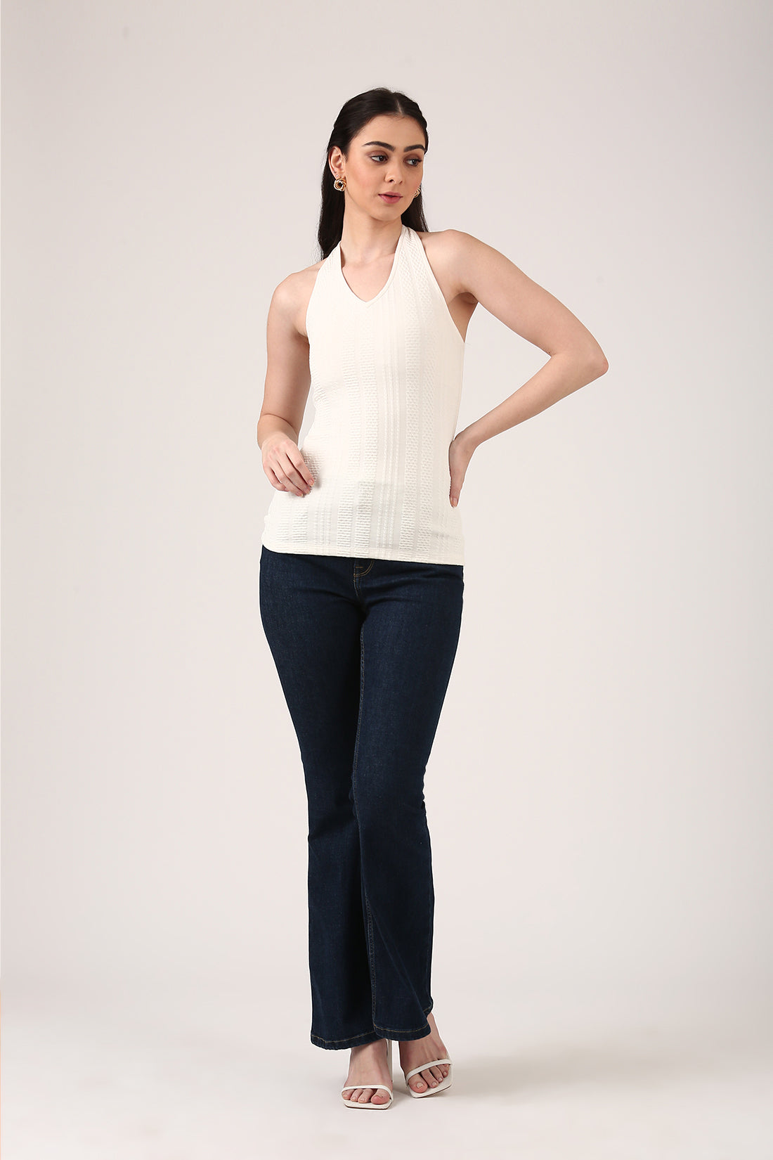 Ivory Textured Jacquard Halter Top