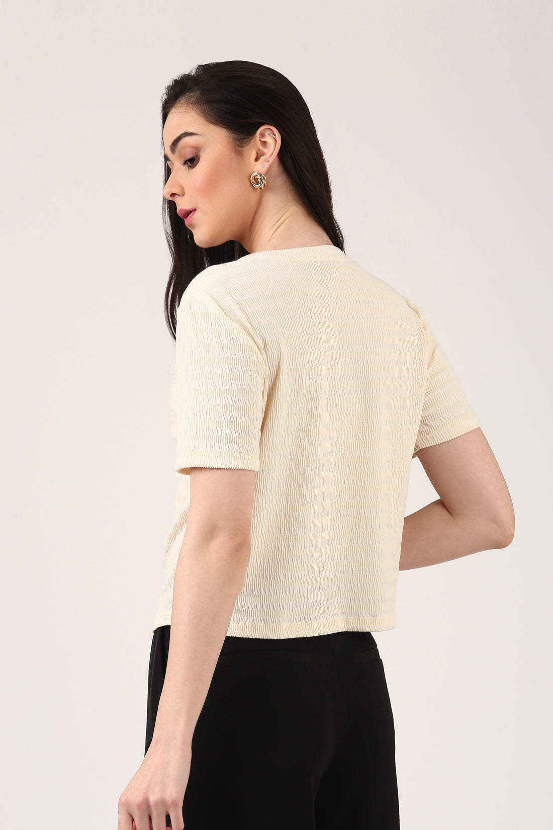 Cream Smocked Textured Top For Women