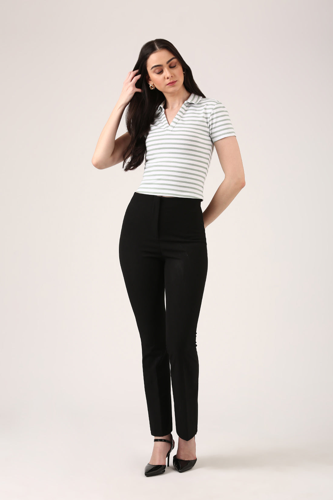 Ribbed Striped Polo Top – Short Sleeve Fitted Top