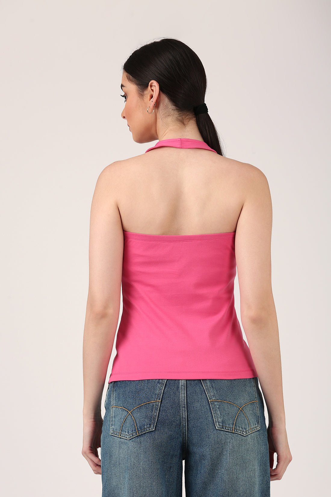 Hot Pink Halter Neck Fitted Tank Top
