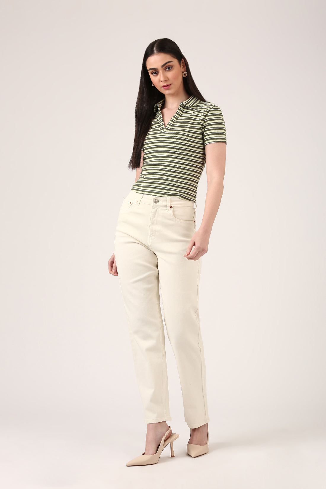 Olive Ribbed Striped Polo Top – Short Sleeve Fitted Top