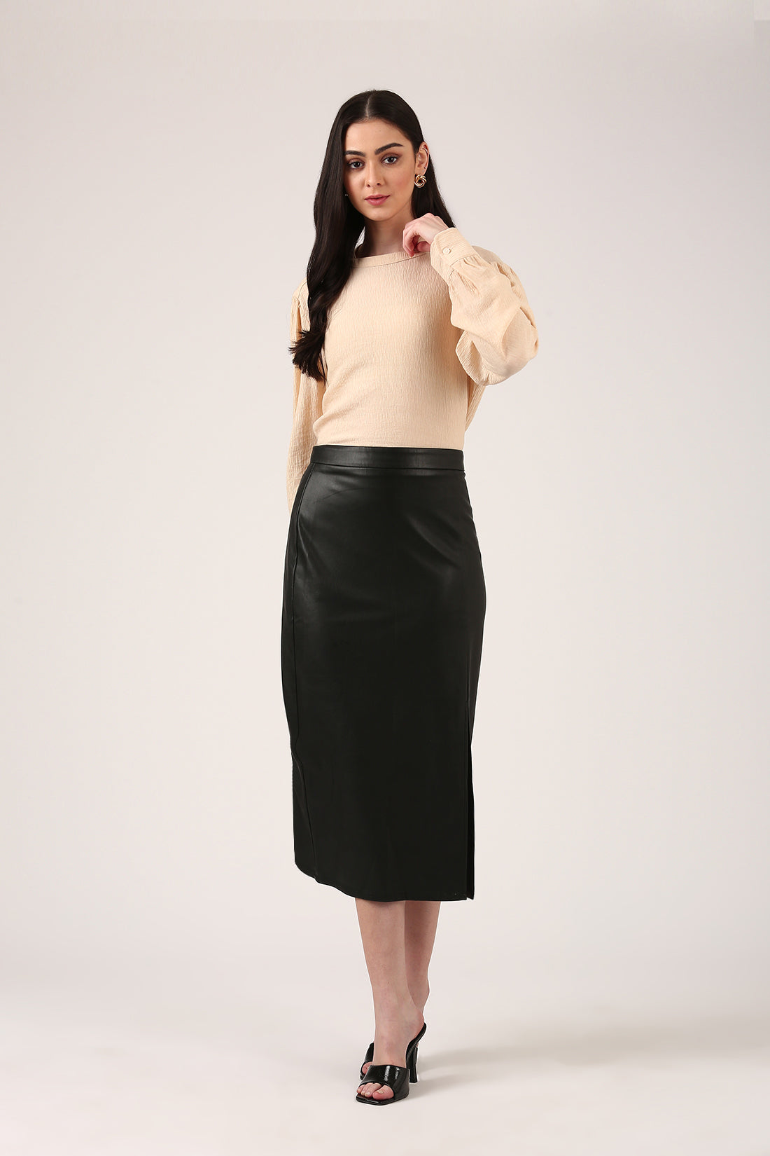 Beige Puff Sleeve Textured Flowy Top