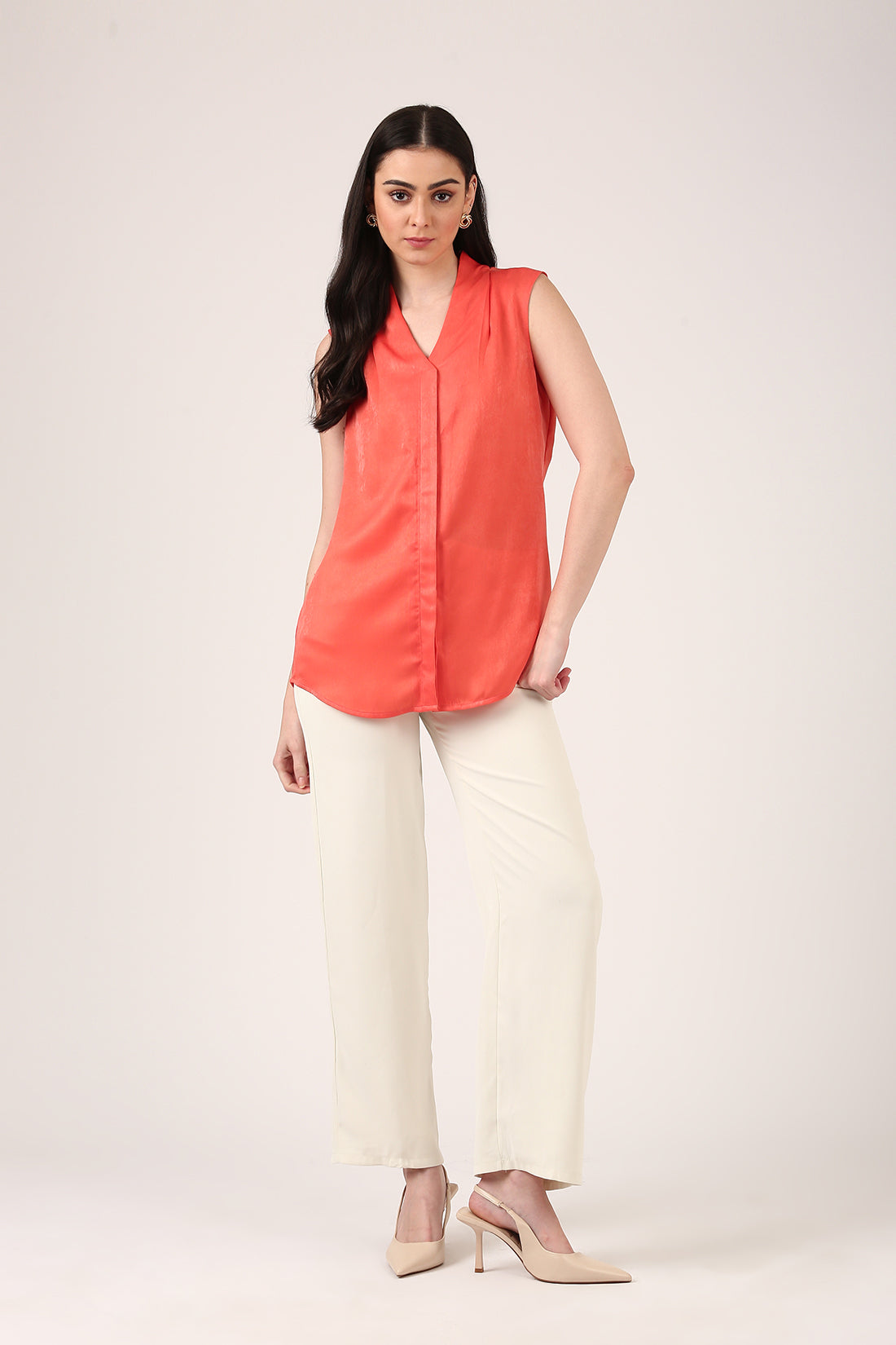 Coral Pink Sleeveless Silk Top for Women – V-Neck Formal Workwear Blouse