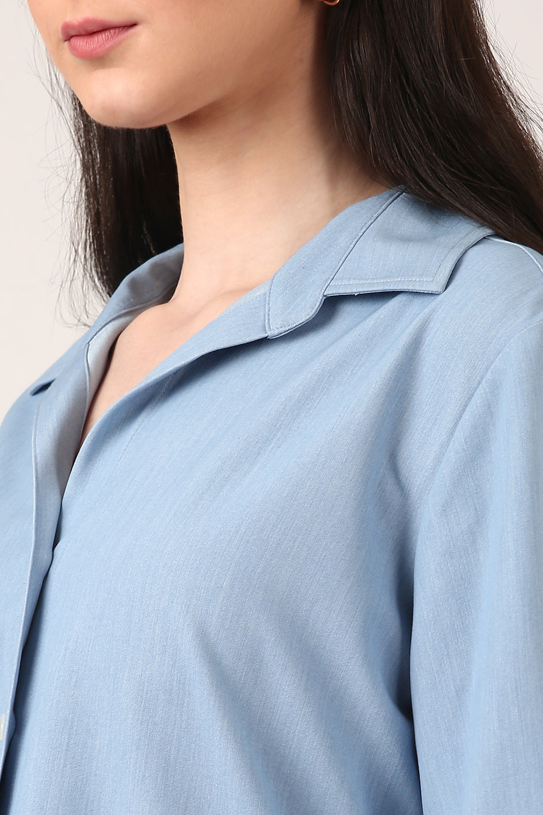 Powder Blue Relaxed-Fit Shirt For Women With Bishop Sleeves