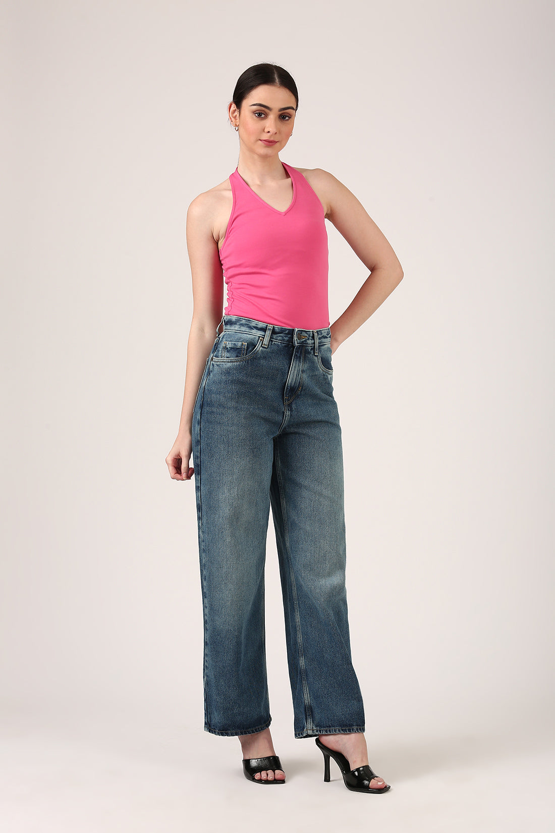 Hot Pink Halter Neck Fitted Tank Top