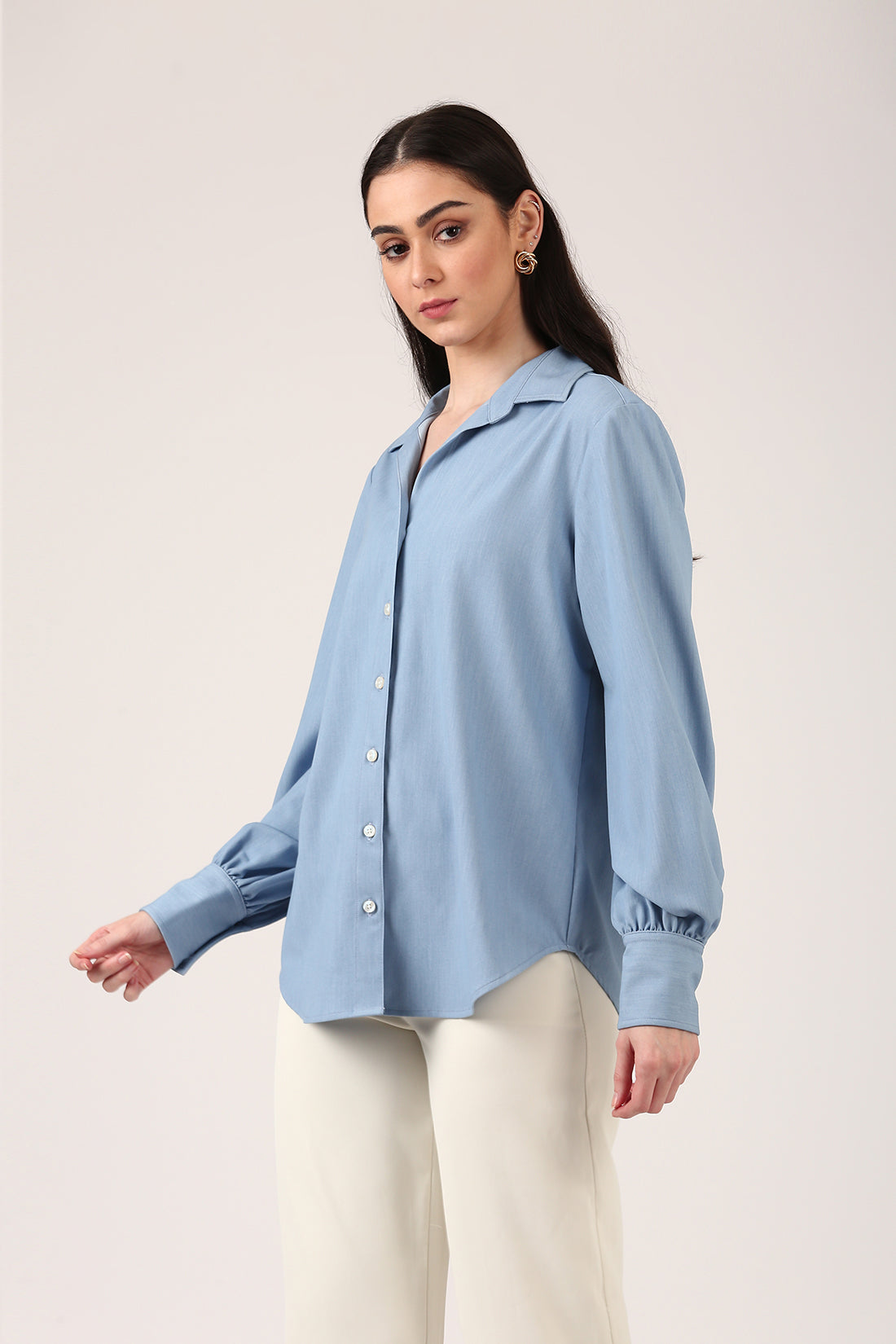 Powder Blue Relaxed-Fit Shirt For Women With Bishop Sleeves