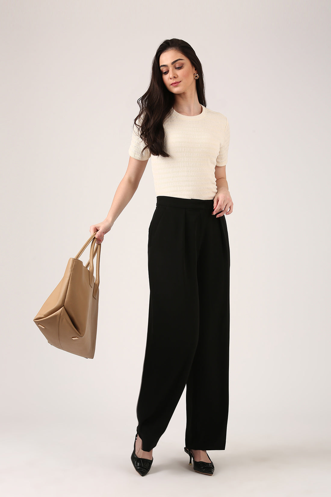 Cream Smocked Textured Top For Women