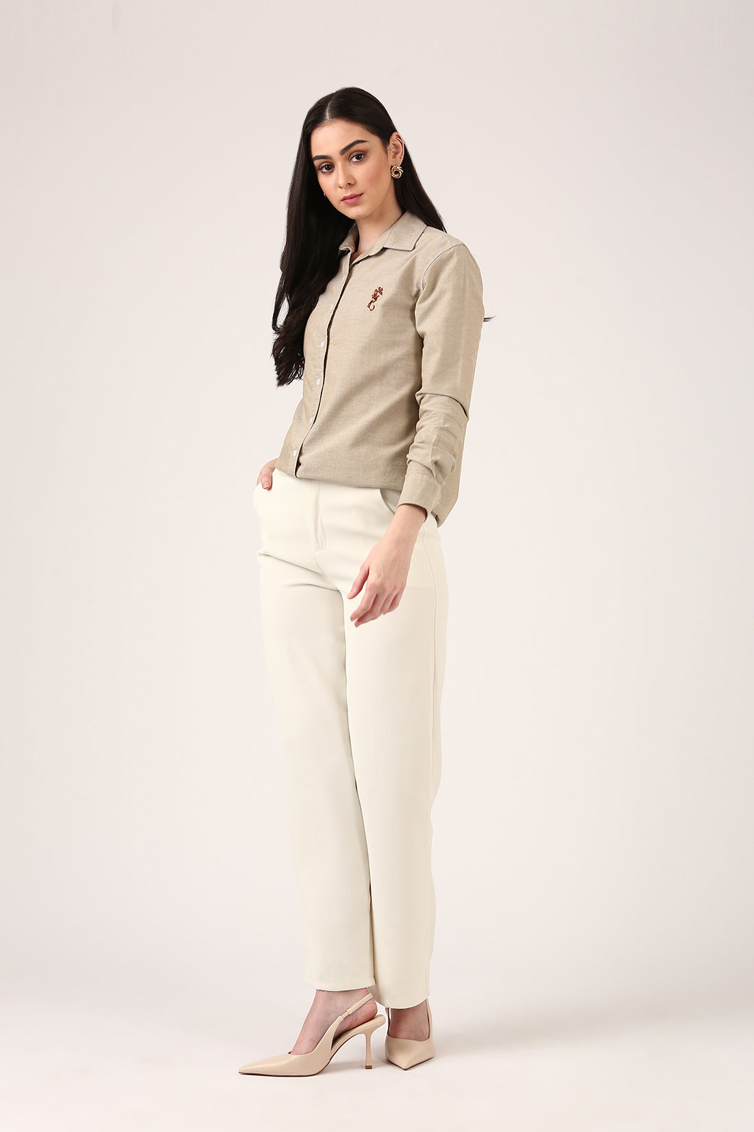 Beige Embroidered Oxford Shirt – Full Sleeve Tailored Fit