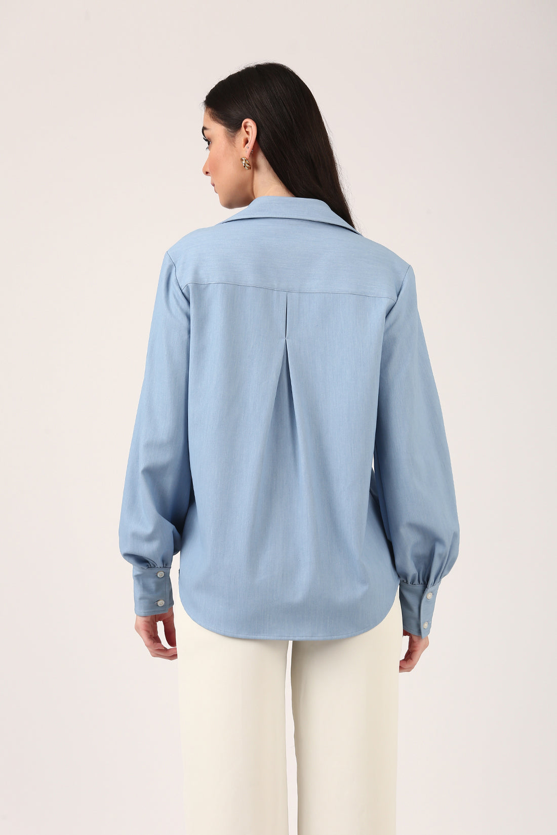 Powder Blue Relaxed-Fit Shirt For Women With Bishop Sleeves
