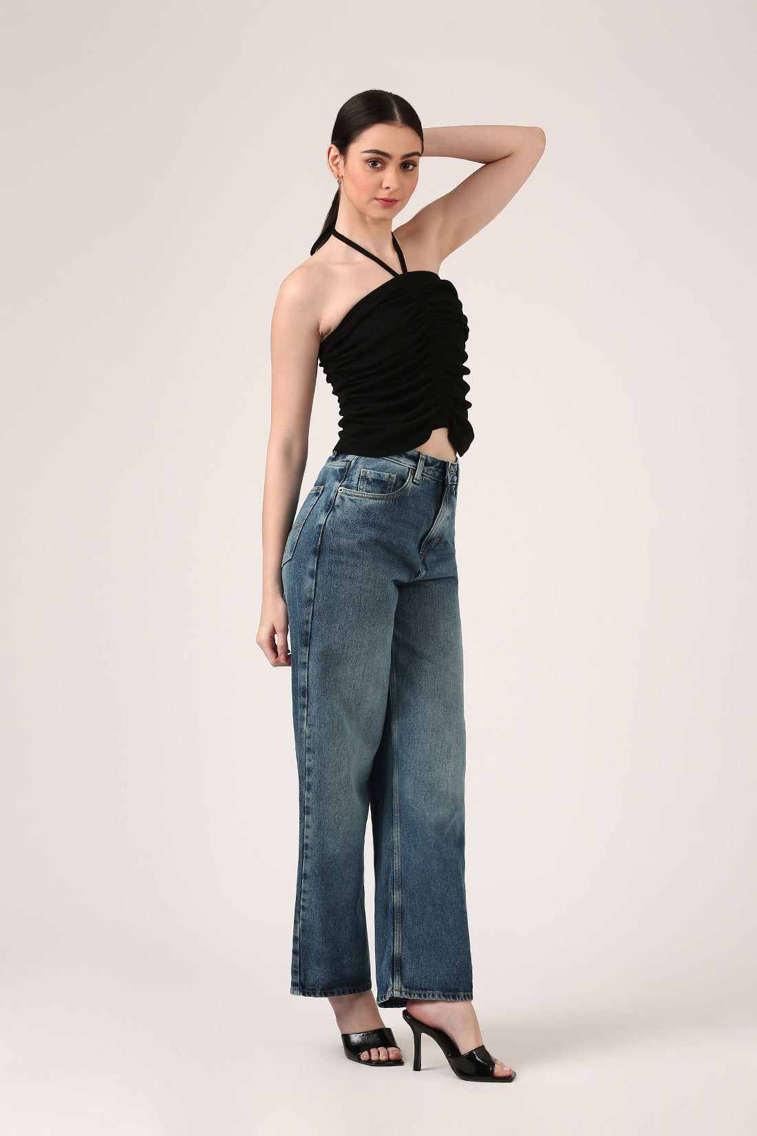 Black Ruched Halter Neck Top For Women – Strap Detail Fitted Party Crop