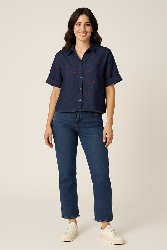Indigo Crush Denim Top with Heart Embroidery