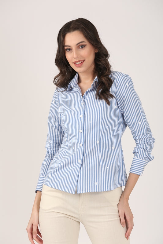 Blue Cotton Striped Shirt with Floral Embroidery