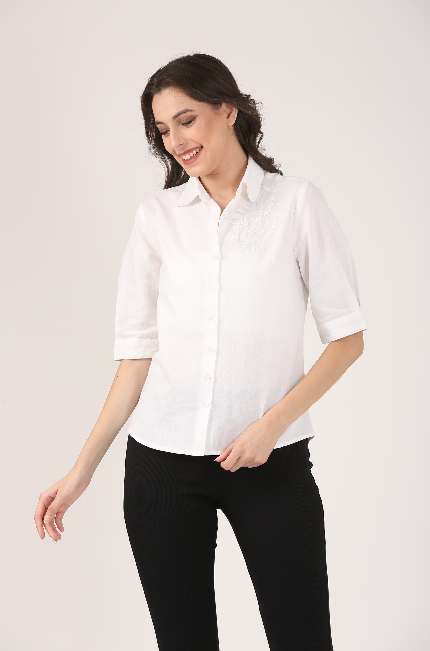 White Linen Shirt with tone on tone Shoulder Embroidery