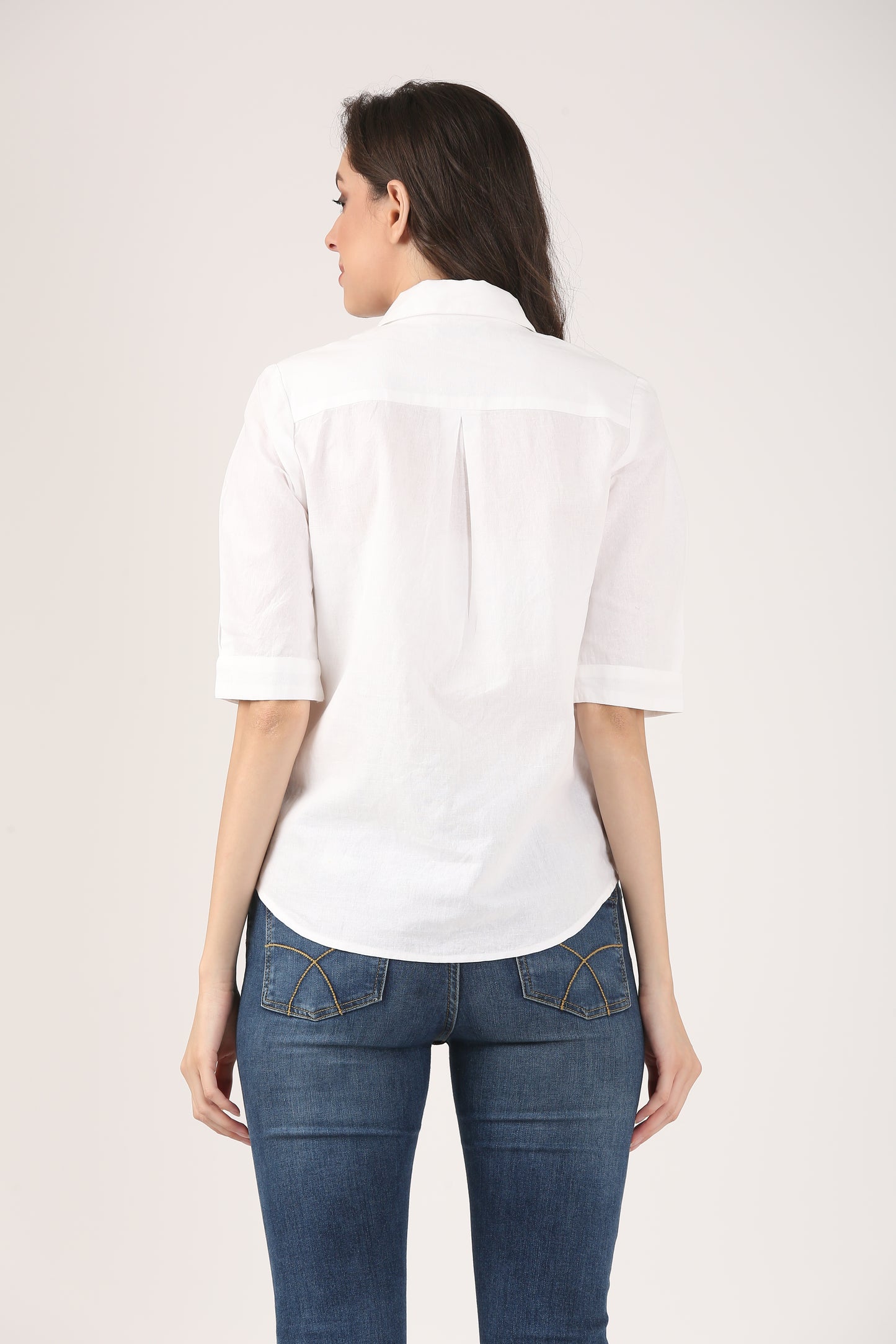 White Linen Shirt With Blue Shoulder Embroidery