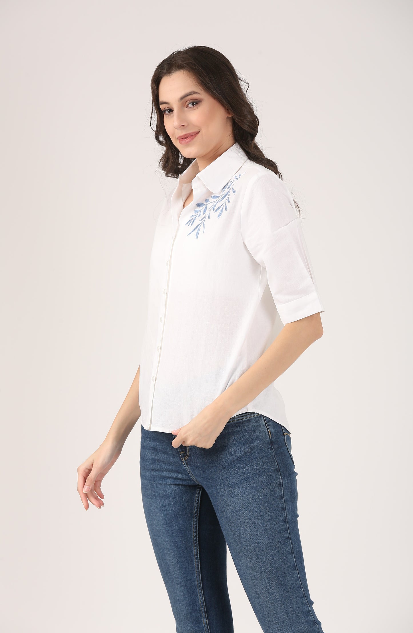 White Linen Shirt With Blue Shoulder Embroidery