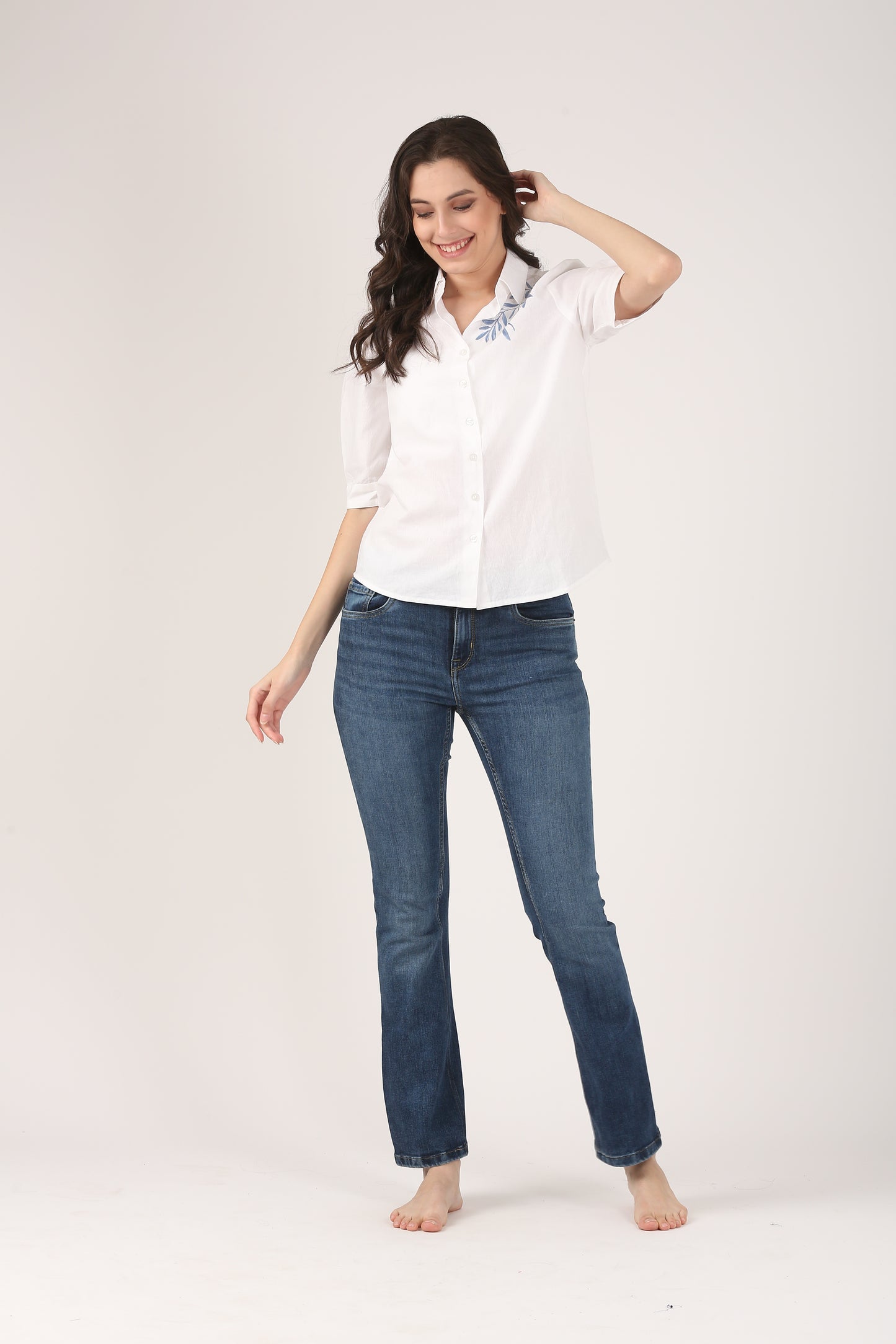 White Linen Shirt With Blue Shoulder Embroidery