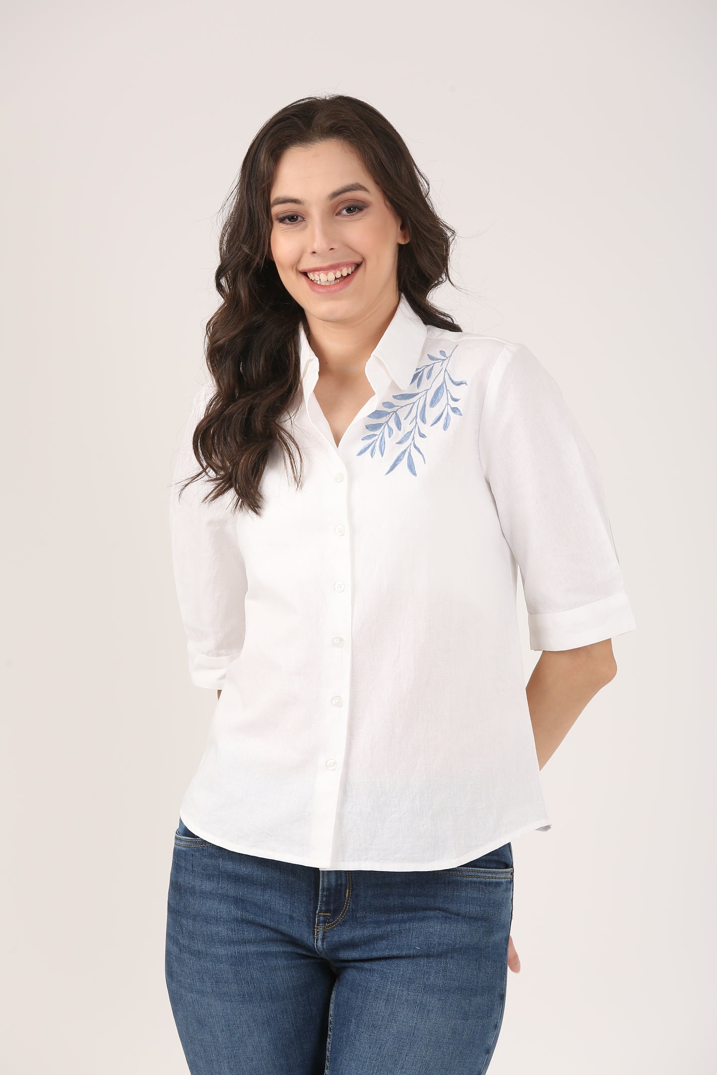 White Linen Shirt With Blue Shoulder Embroidery