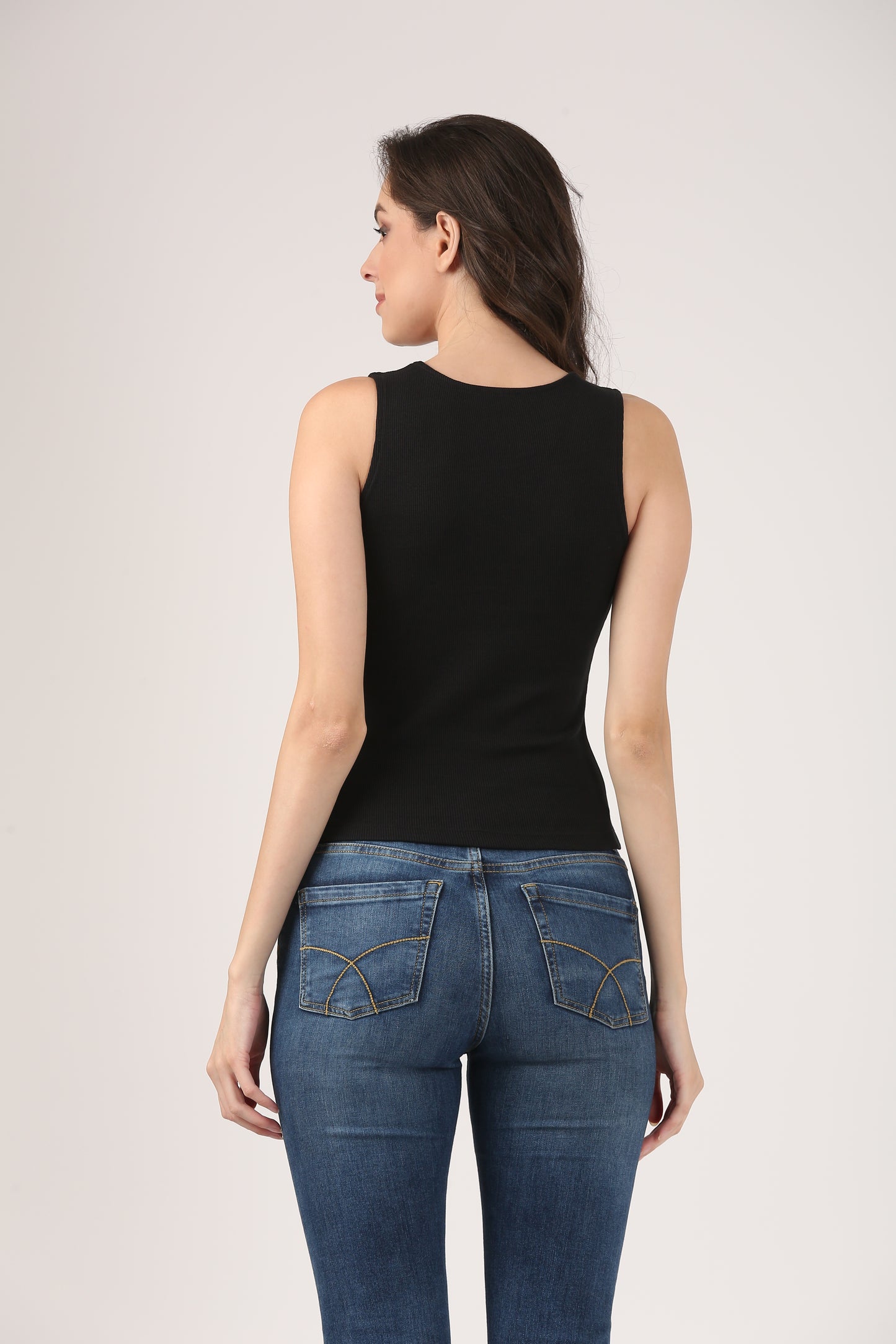 Soft Cotton Rib Elegant V Neck Black Top
