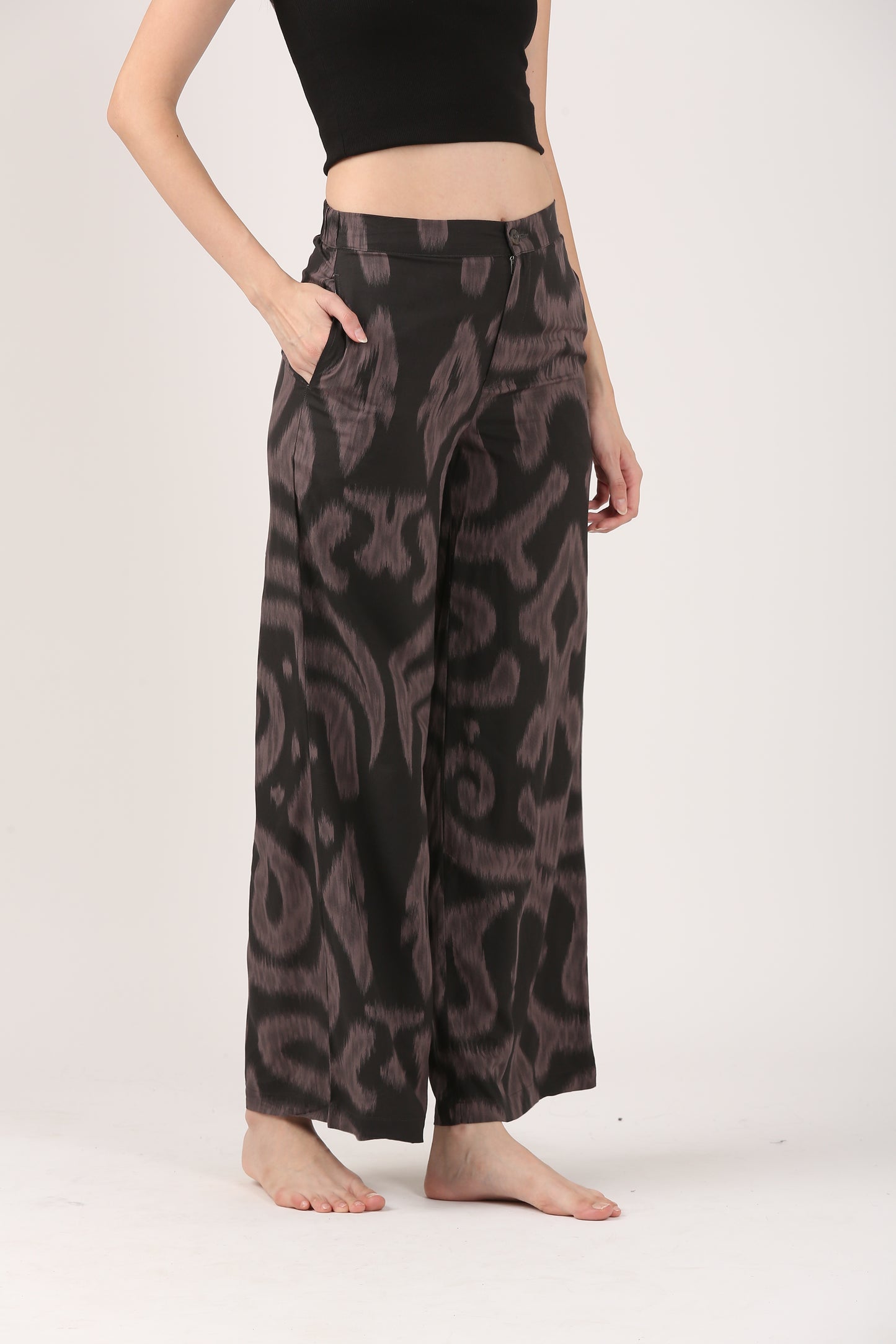 Midnight Ikat Viscose Flare Pant - Casual Wide Leg Trousers