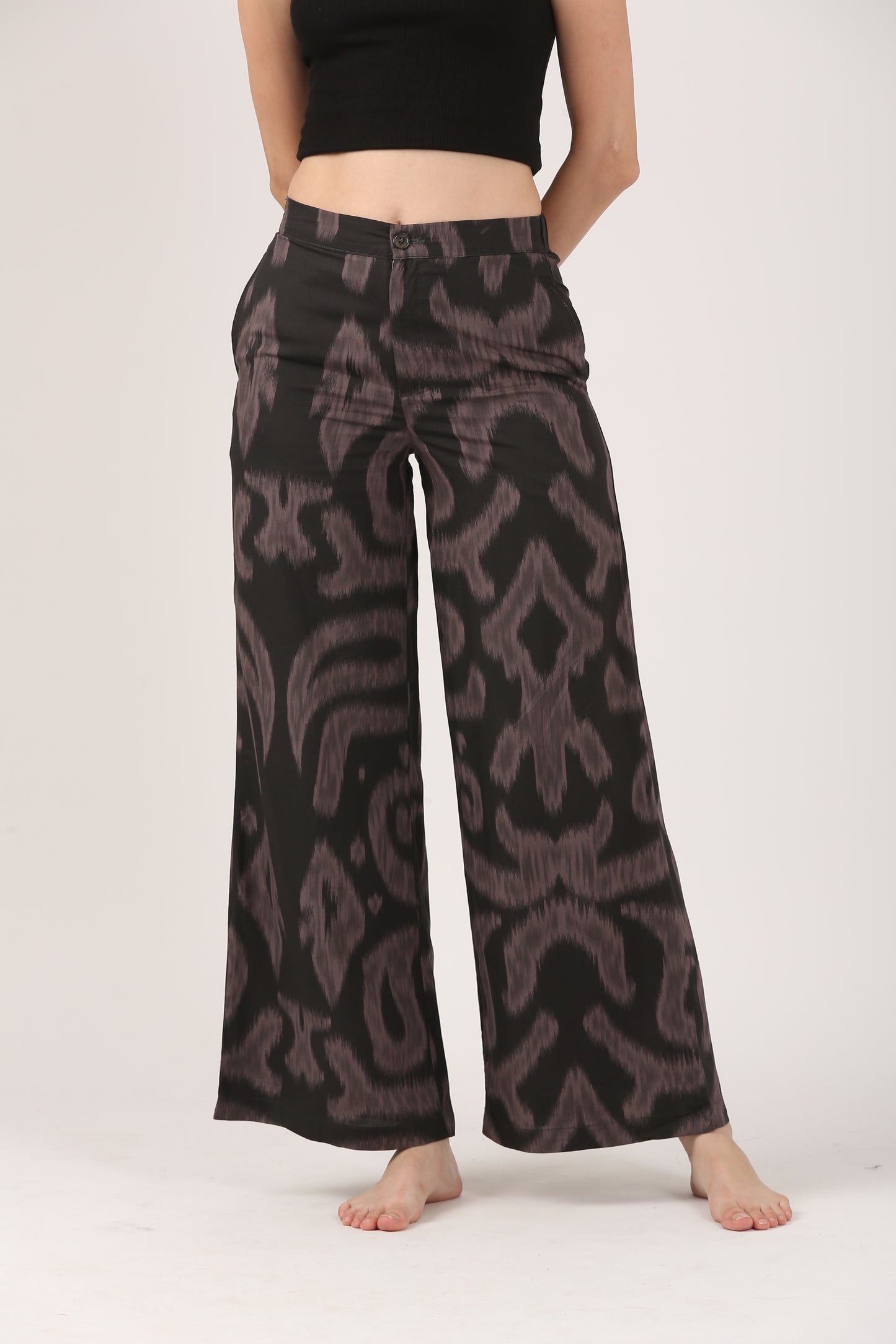 Midnight Ikat Viscose Flare Pant - Casual Wide Leg Trousers