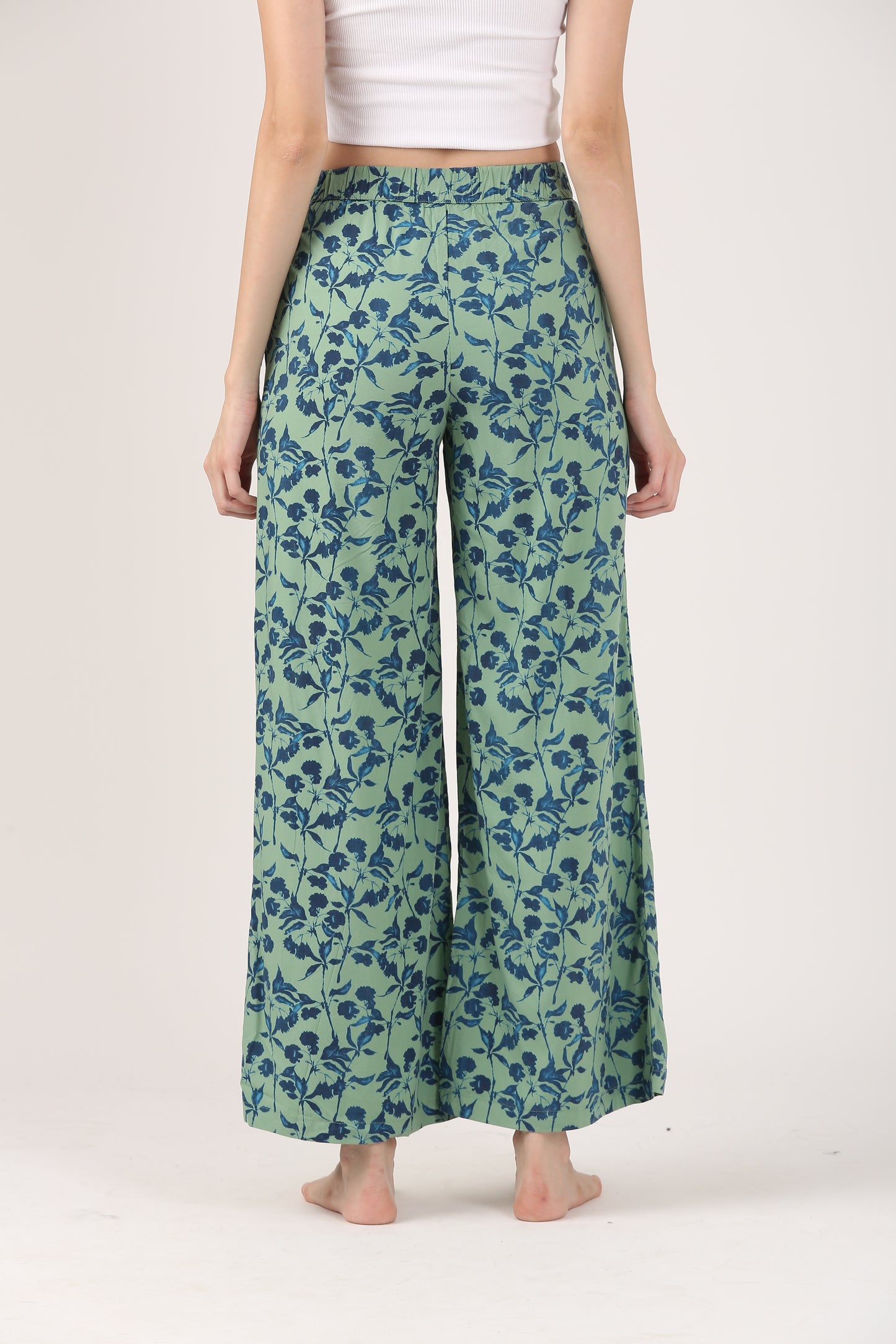 Sea Green Flare Viscose Pant - Casual Wide Leg Trousers