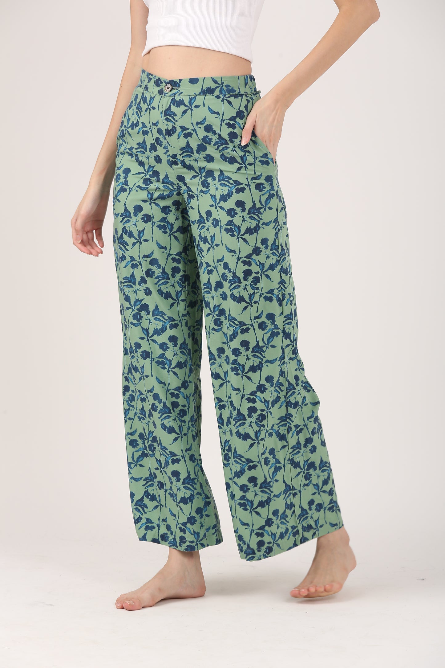 Sea Green Flare Viscose Pant - Casual Wide Leg Trousers